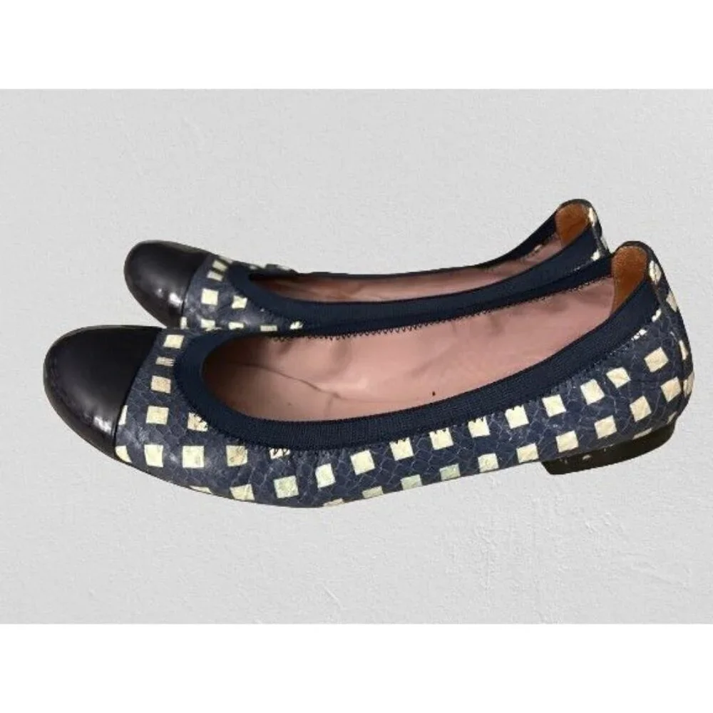 PRETTY BALLERINA Shirley Ballet Slippers Flat Slip-on Shoes Navy White Check Cap